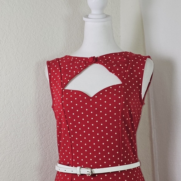 Unique Vintage Red and White Pencil Wiggle Cut Out Midi Dress W Belt SZ L Pin Up - Picture 3 of 15
